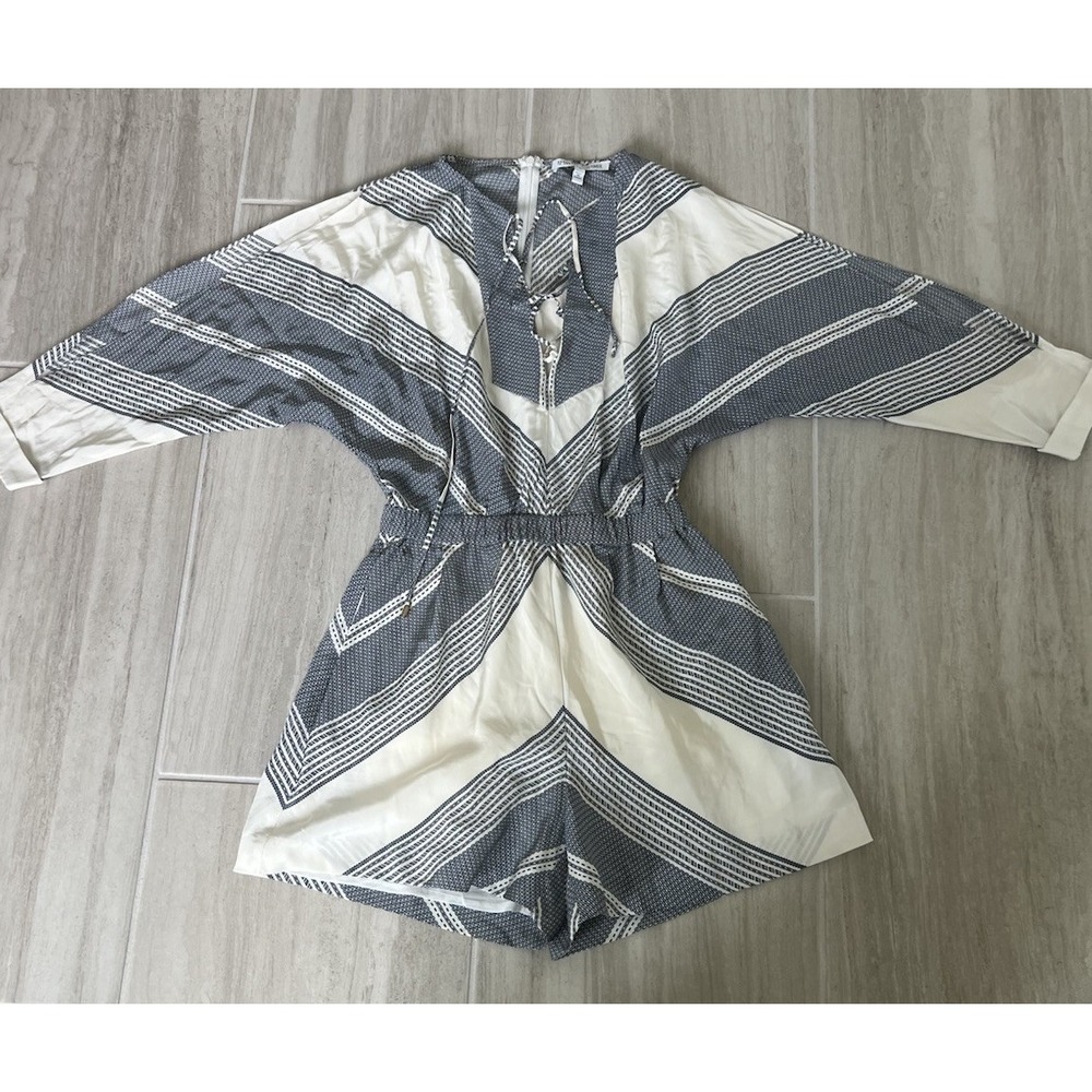 Derek Lam 10 Crosby Women's SILK Romper Grey Cream Chevron Size 0